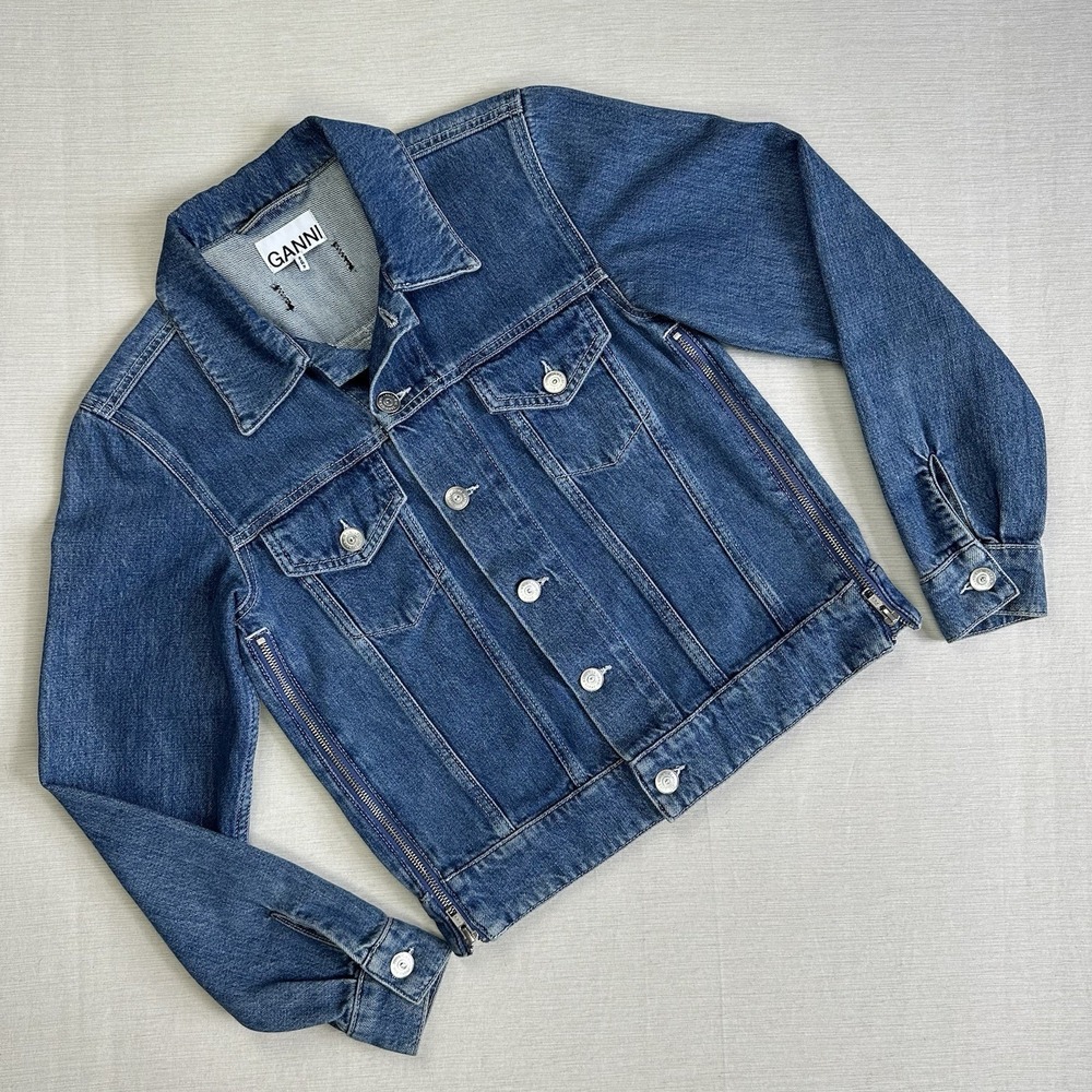 Ganni Denim Trucker Jacket Side Zip Vent Women 36 Light Blue Fade Designer Euro